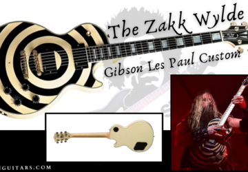 zakk wylde gibson les paul custom- Feature Image of Zakk playing his guitar live and an image of his guitar from the front and back