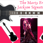 Marty Friedman Signature Guitar -Feature Image with MF Playing Guitar and the image of the guitars