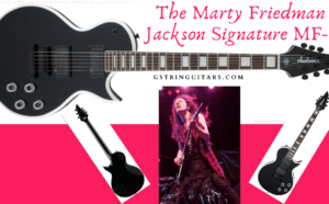 Marty Friedman Signature Guitar -Feature Image with MF Playing Guitar and the image of the guitars