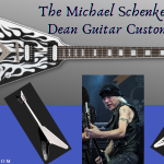 Michael Schenker Flying V-Feature image of guitar front and back with image of MS Playing guitar live on stage