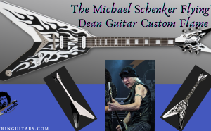 Michael Schenker Flying V-Feature image of guitar front and back with image of MS Playing guitar live on stage