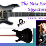 Nita Strauss Signature Ibanez Guitar-Feature Image of Nita and guitars front and back images