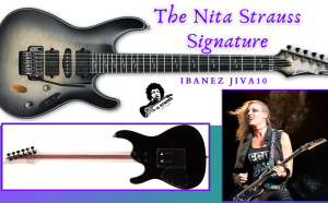Nita Strauss Signature Ibanez Guitar-Feature Image of Nita and guitars front and back images