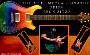 Al Di Meola PRS Guitar-Blog Banner and Featured Image of The artist playing his guitar and 3 images of the guitar from multitude of angleswater.com