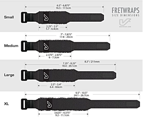 FretWraps For Guitar- an image of the GruvGear Fretwraps different sizes and specifications