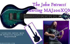 John Petrucci guitar- Image of the guitar and the artist on stage as well as the guitar from the back.