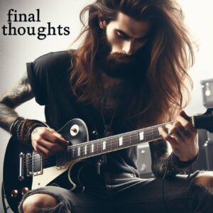 Washburn Parallaxe Guitars - Image of guitarist with a black Les Paul style guitar that says Final Thoughts