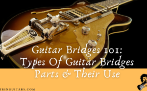 types of guitar bridges-Feature image for Blog Banner of a guitar with a stylized bridge setup