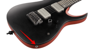 Super Strat guitars-Image of a of input jack location on Ibanez guitar