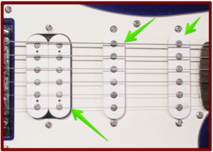 Active vs Passive Guitar Pickups -Image of a pickup configuration with double and single coil passive pickups