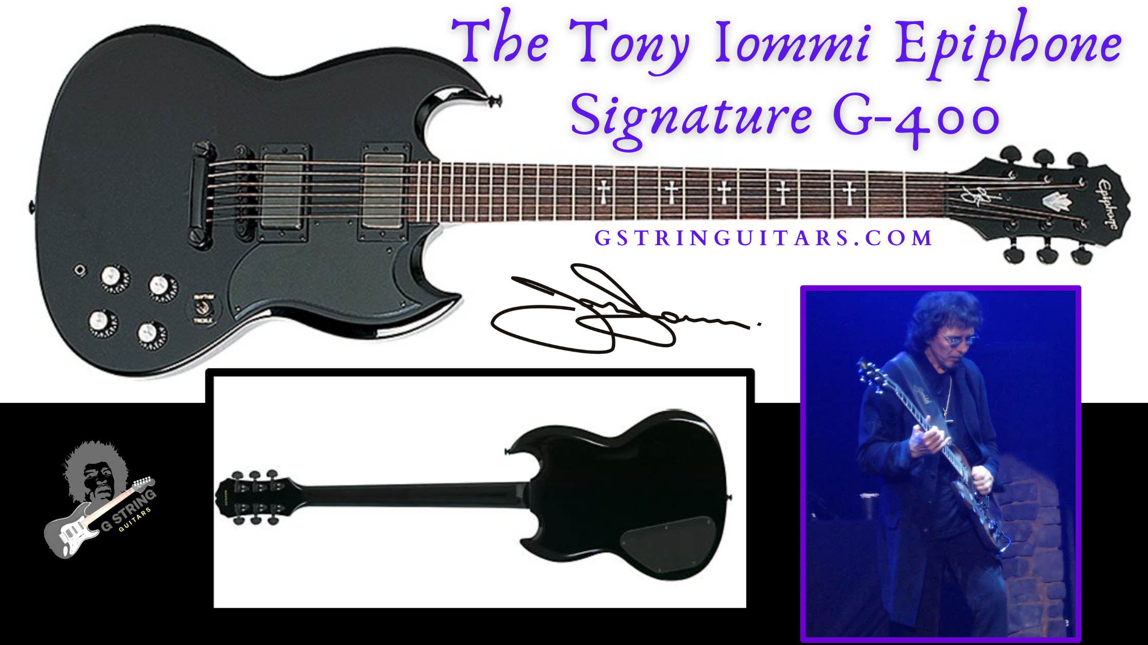 The Epiphone Tony Iommi Signature G 400 -Feature image of full guitar front and back with Artist playing live