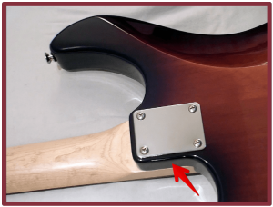 guitar neck construction- image of the Fender Stratocaster from behind with bolt-on neck heel design