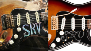 Stevie Ray Vaughan Signature Stratocaster-Image of the Guitars body with the iconic initials SRV on original and Signature models