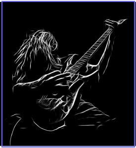 6 string vs 7 string guitar-Image of a drawing of a rock guitar player playing live.