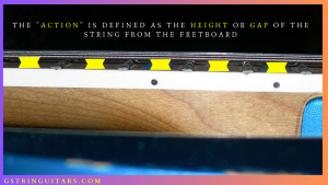 guitar scale length explained- Image of guitar neck showing string action