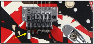 7 Ways To- Upgrade An Electric Guitar-Image of a Floyd Rose Bridge design with D Tuna attached