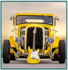 Scalloped Guitar Fretboard -Image of a yellow Stratocaster and a Yellow Hot Rod Vehicle.