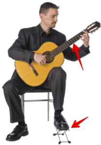 prevent hand pain-image of a classical guitarist sitting in a classical guitar position with a foot stool