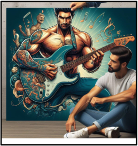 prevent hand pain-image of a guitarist looking at an painting of a muscular man playing guitar