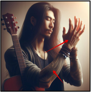 prevent hand pain-image of a long hair man with a guitar warming up his hands before playing guitar 
