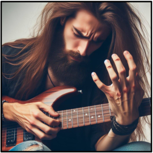 prevent hand pain-image of long hair guitarist with hand pain in his Fretting hand