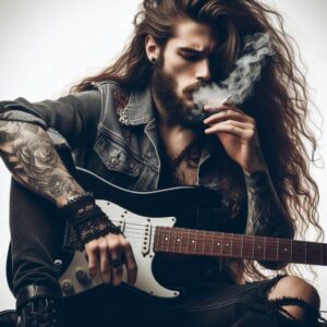 prevent hand pain-image of a long hair guitarist smoking a cigarette while holding a guitar