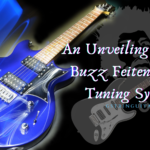 buzz feiten tuning system review- image of a blue electric guitar with black background and title