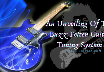 buzz feiten tuning system review- image of a blue electric guitar with black background and title