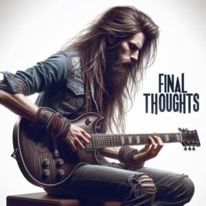 buzz feiten tuning system review-image of a long haired guitarist sitting and playing a electric guitar with the words FINAL THOUGHTS on the image