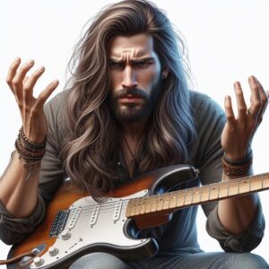 buzz feiten tuning system review-image of a long hair guitarist with a Stratocaster with his hands up in frustration 