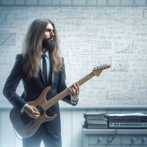 buzz feiten tuning system review-image of a long hair guitarist with a Superstrat, in front of a classroom and chalk board