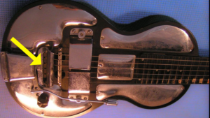 Virtual Jeff Pro-image of a Vib-Rola Tailpiece on a 1935 Electro Spanish guitar