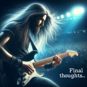 How To Get Back Onstage- An image of a long hair guitarist playing live with the caption "Final thoughts"