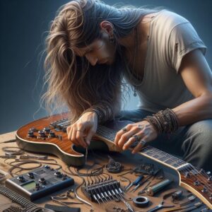 How To Get Back Onstage- An image of a long hair guitarist doing preventative maintenance on his guitar and gear