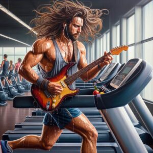 How To Get Back Onstage- An image of a long hair guitarist running on a tread mill with his guitar