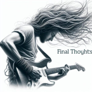 guitar and hand- Image of a long hair guitarist playing with a caption of "Final thoughts" 