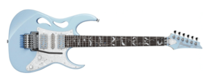 guitar and hand- Image of a Steve Vai Pia Signature Ibanez in Blue Power full shot