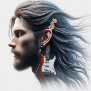 guitar and hand- Image of a long hair guitarist with a electric guitar on his ear