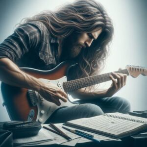 guitar and hand- Image of a guitarist learning music theory 