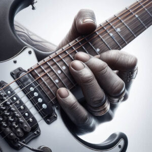 guitar and hand- Image of a guitarist with his hand on the neck of a electric guitar