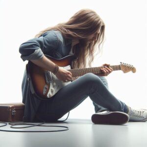 guitar and hand- Image of a guitarist sitting and listening to his instrument 