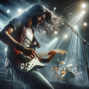 guitar and hand- Image of a long hair guitarist playing live onstage