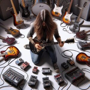 guitar and hand- Image of a guitarist sitting amongst a lot of equipment and gear