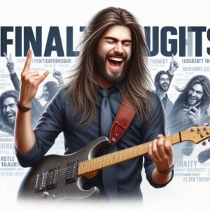 motivation to practice guitar-Image of a long haired guitarist with a guitar smiling with the words "Final Thoughts" in the background