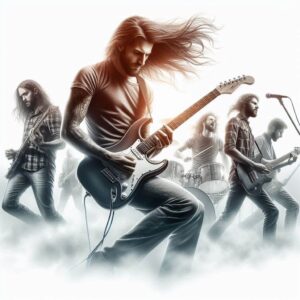 how to overcome stage fright with-Image of a long haired guitarist playing live with a band