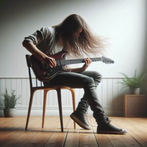 how to overcome stage fright with-Image of a long haired guitarist practicing in a room alone