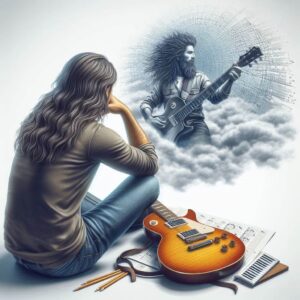 motivation to practice guitar-Image of a long haired guitarist with a guitar thinking about his future