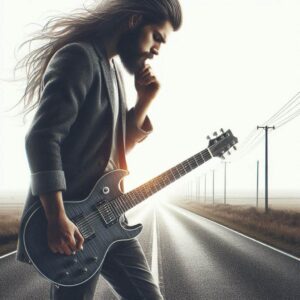 motivation to practice guitar-Image of a long haired guitarist in deep thought with a guitar on a open highway