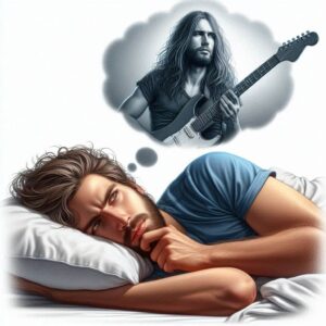 how to overcome stage fright with-Image of a long haired guitarist getting ready for bed thinking about tomorrows performance 