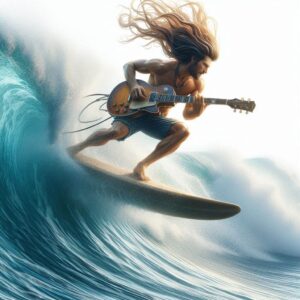 motivation to practice guitar-Image of a long haired guitarist with a guitar on a surf board riding a ocean wave.